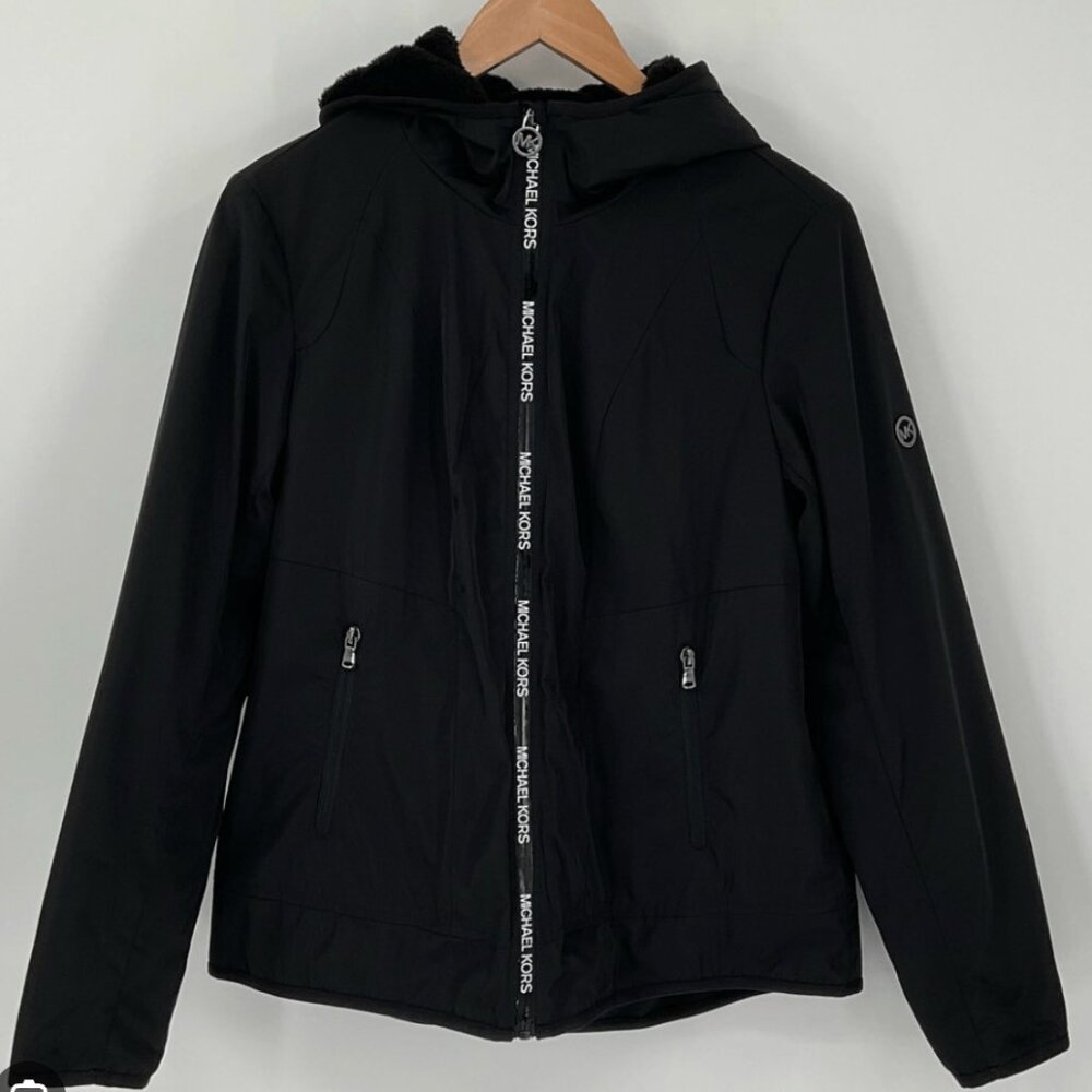 Michael Kors Fleece Lined Hooded Zip Up Black Jacket, Women's Large